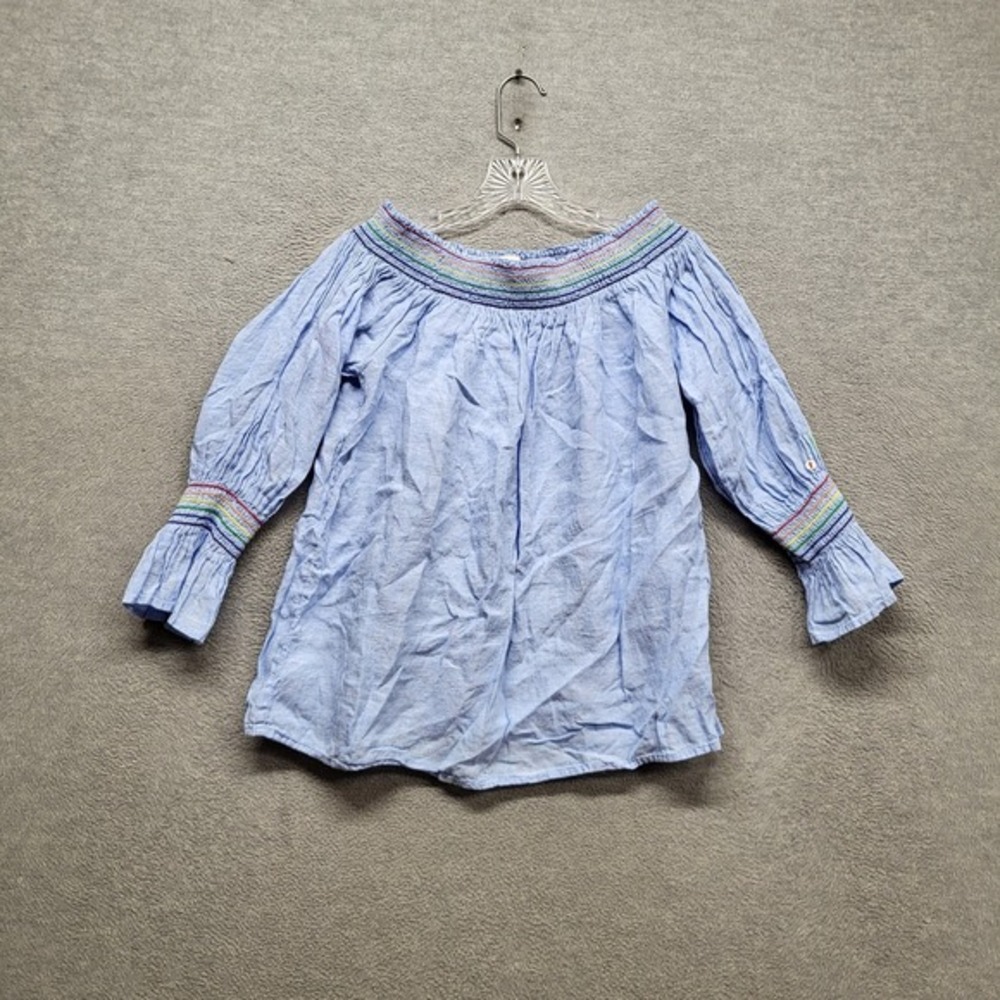 L&C California Women Blouse M Blue Linen Embroidery Smocked Off The Shoulder